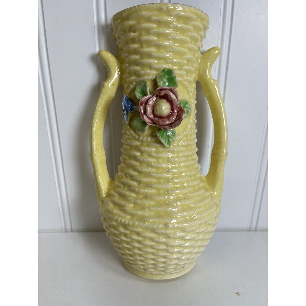 Vintage Japanese Basketweave Yellow Wall Pocket‎ with Pink/Blue Flowers.